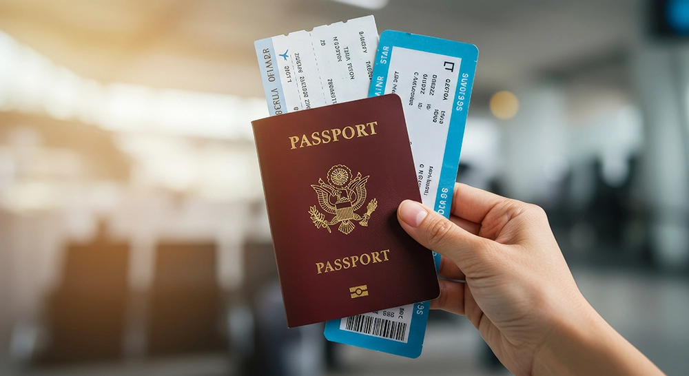 Viajante organizando documentos e passaporte antes de embarcar