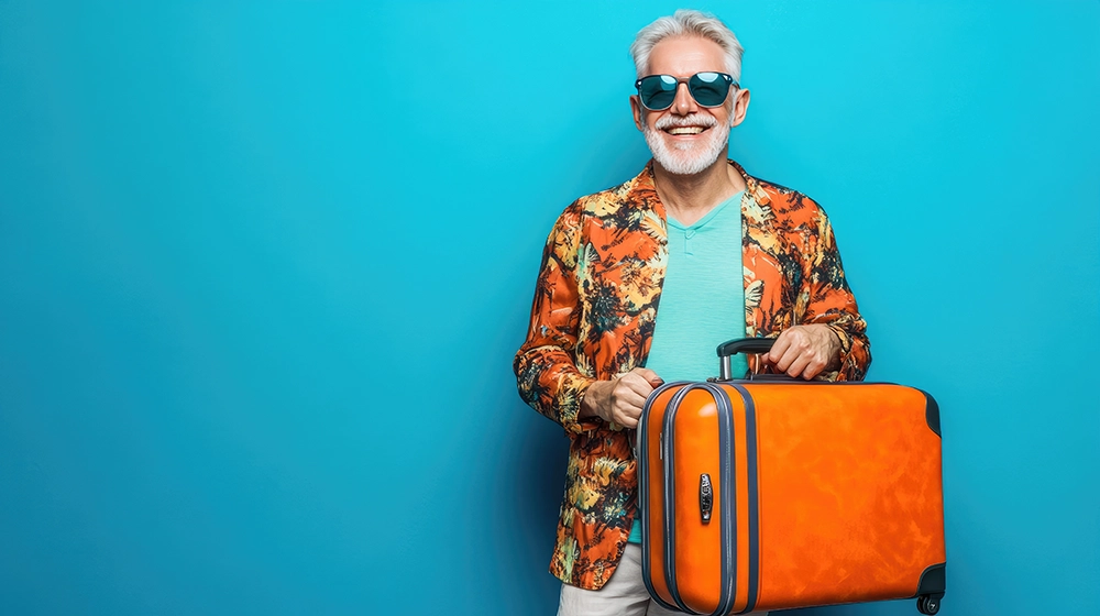 Homem sorridente com mala de viagem em frente a fundo azul vibrante
